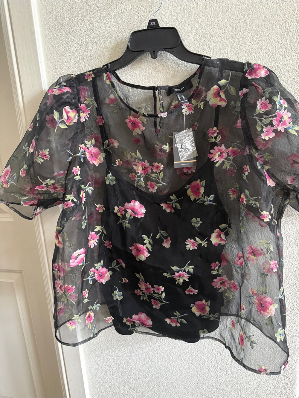 Forever 21 Black Sheer Organza Blouse with Pink Floral Print